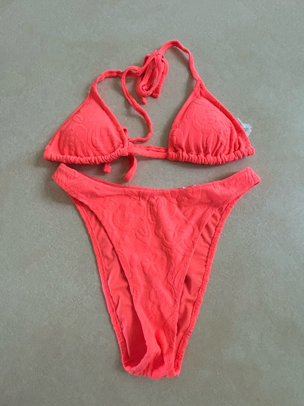 Aerie Neon Orange Terry Bikini Set Triangle Top Cheekiest High Waist Small swim